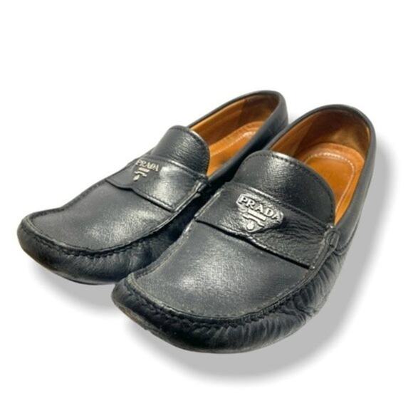 PRADA Vintage Men’s Black Leather Logo Loafers Sz 8.5 - Picture 1 of 7